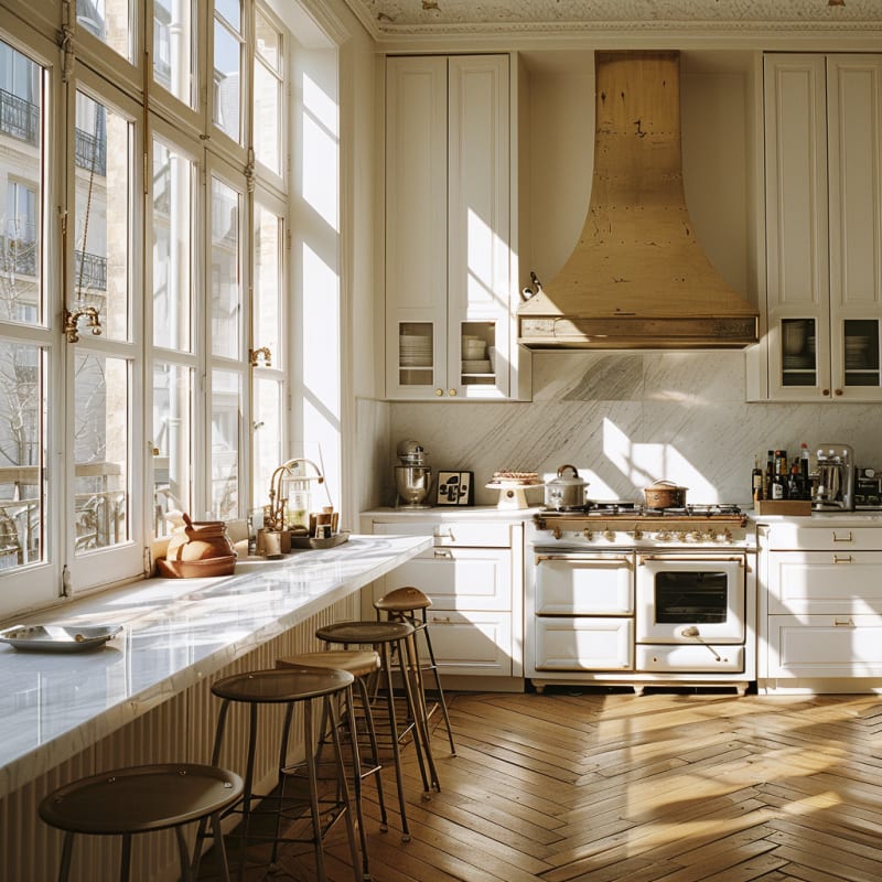 Sun-drenched Parisian kitchen with floor-to-ceiling windows, marble countertops, vintage range, and wooden hood