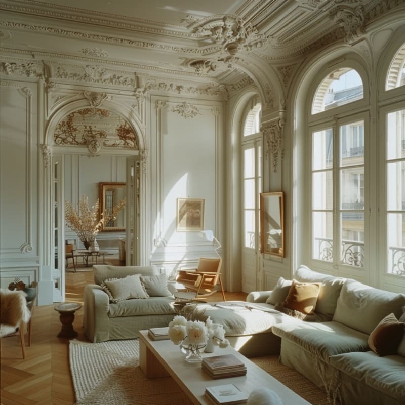 Sun-drenched Parisian living room with ornate archways, herringbone floors, and comfortable modern furniture bathed in golden light