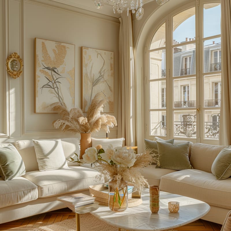 Sun-drenched Parisian living room with pampas grass, white roses, botanical artwork, and arched windows in warm golden light