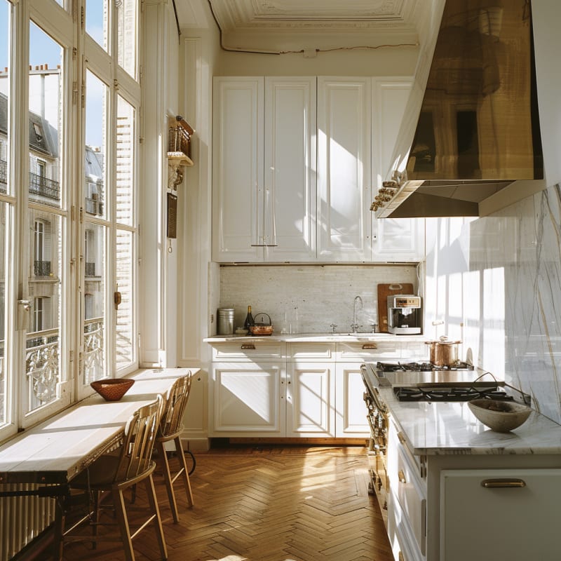 Sun-filled Parisian kitchen with floor-to-ceiling windows, marble countertops, herringbone floors, and classic white cabinetry