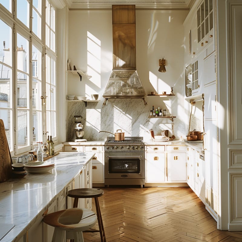 Sun-filled Parisian kitchen with marble backsplash, brass hardware, floor-to-ceiling windows, and herringbone wood floors