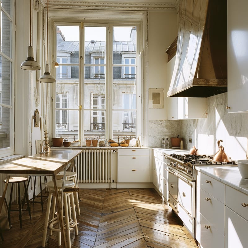 Sun-filled Parisian kitchen with tall windows, vintage stove, marble countertops, herringbone floors, and industrial pendant lights
