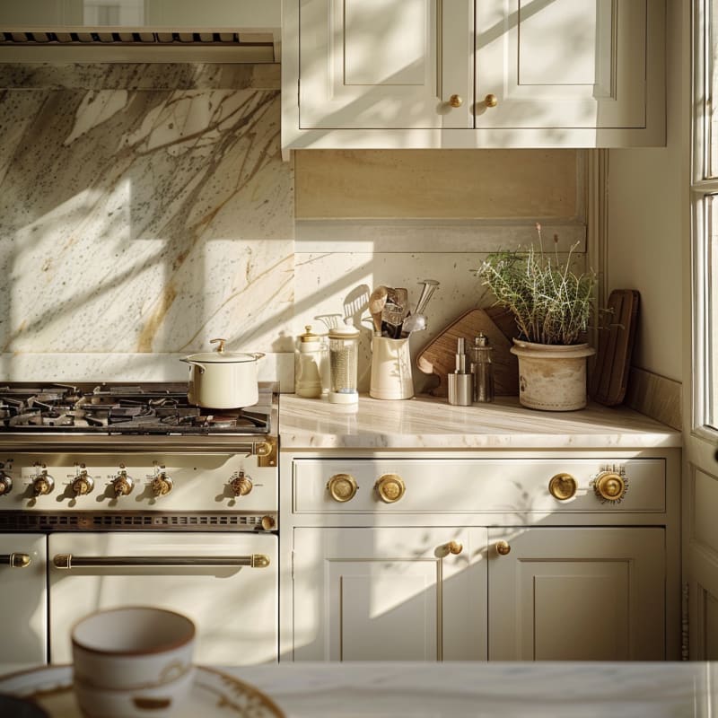 Sunlit French kitchen with marble backsplash, brass hardware, cream cabinets, and professional range in warm morning light