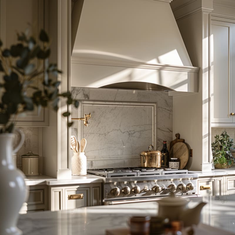 Sunlit French kitchen with marble backsplash, professional range, brass hardware, and custom white cabinetry in morning light