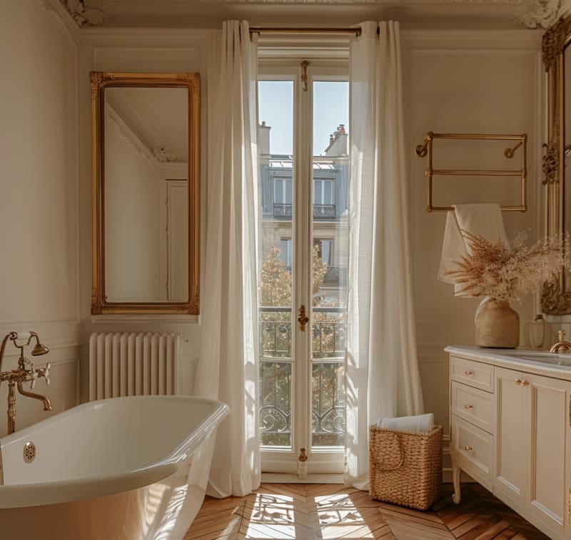 Sunlit Parisian bathroom with freestanding tub, French windows, brass fixtures, and vintage mirror in warm neutral tones
