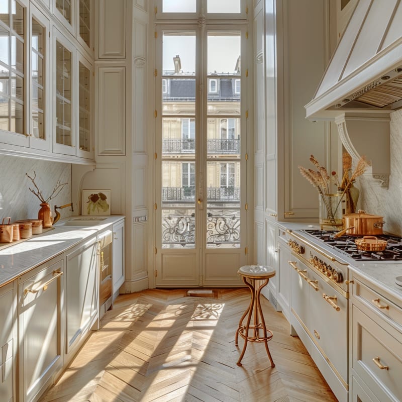 Sunlit Parisian galley kitchen with floor-to-ceiling windows, marble countertops, brass hardware, and copper cookware