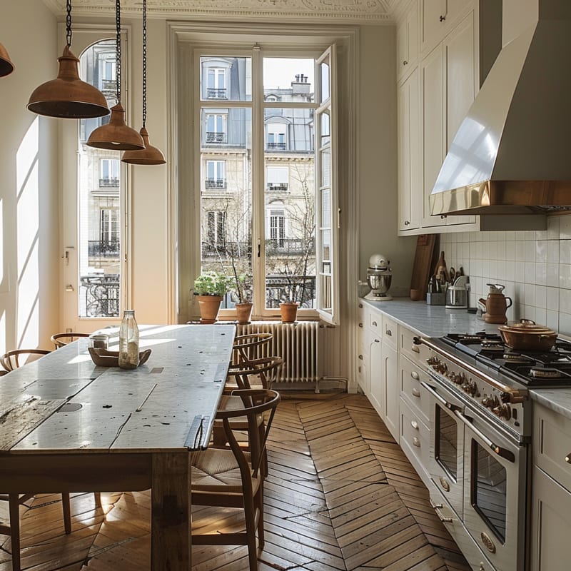 Sunlit Parisian kitchen with antique farmhouse table, herringbone floors, copper pendants, and floor-to-ceiling windows overlooking classic architecture