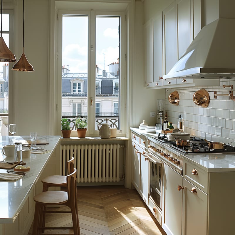 Sunlit Parisian kitchen with copper accents, marble countertops, professional range, and classic herringbone floors overlooking rooftops