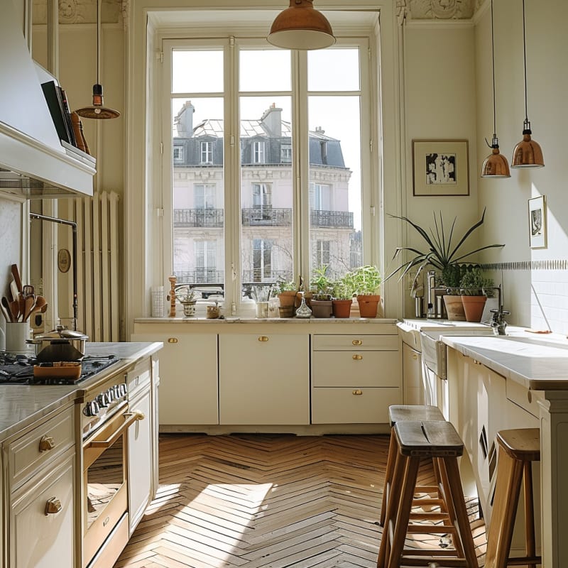 Sunlit Parisian kitchen with herringbone floors, tall windows, brass hardware, and windowsill herb garden overlooking classic mansard roofs
