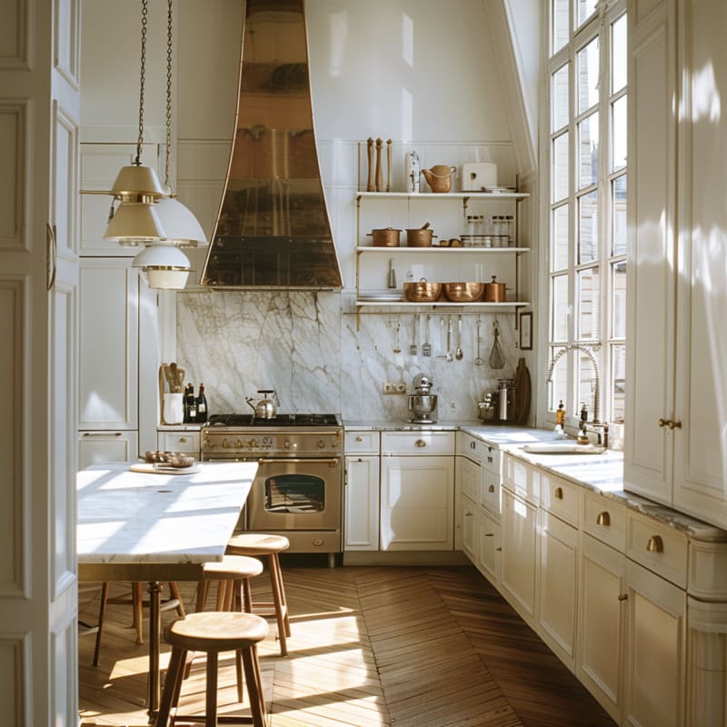 Sunlit Parisian kitchen with marble backsplash, brass hood, copper cookware, and herringbone floors in classic white cabinetry