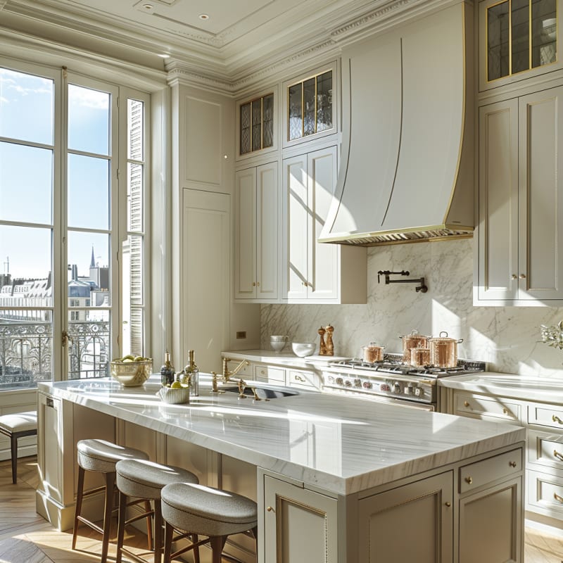 Sunlit Parisian kitchen with marble countertops, brass accents, and floor-to-ceiling windows overlooking city rooftops