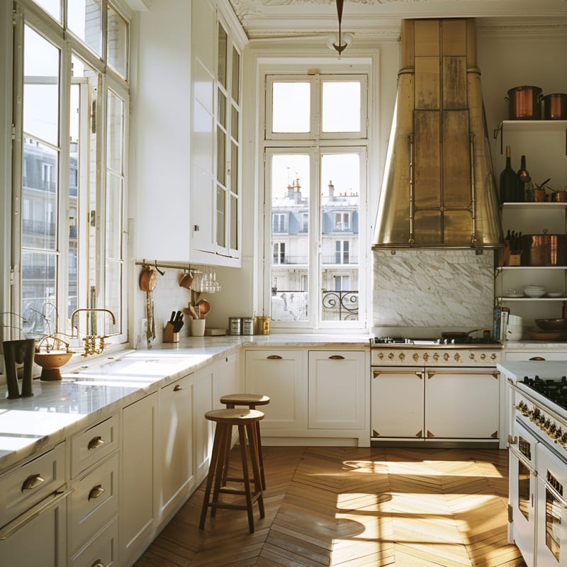 Sunlit Parisian kitchen with marble countertops, brass accents, vintage range, and floor-to-ceiling windows overlooking classic architecture