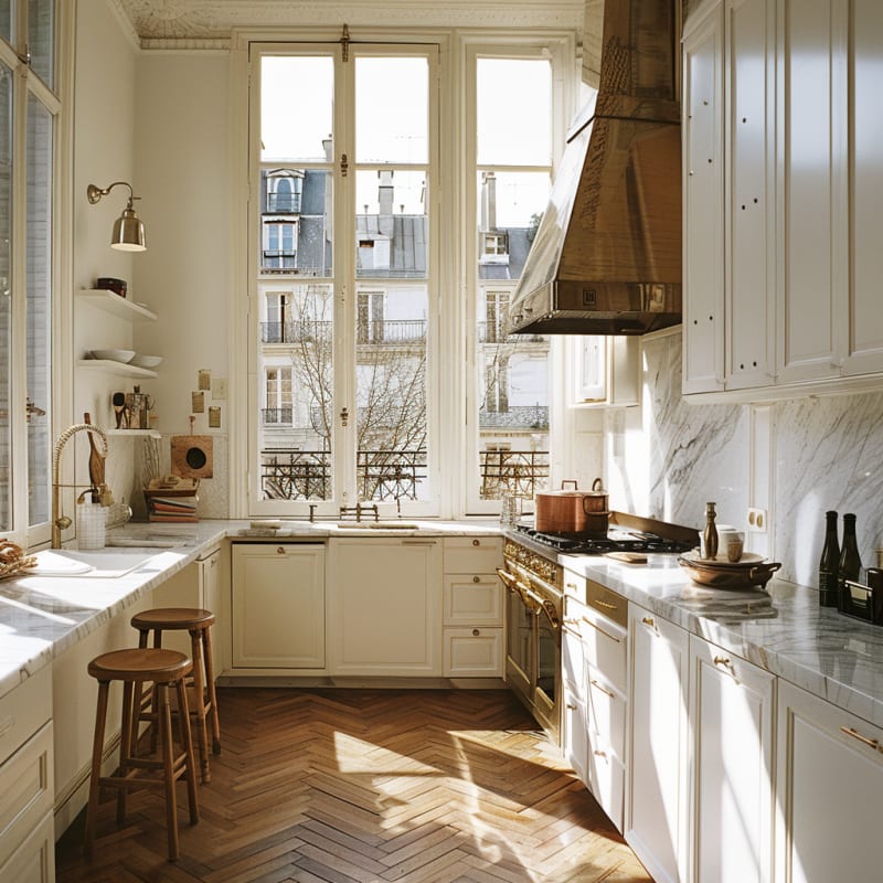 Sunlit Parisian kitchen with marble countertops, brass fixtures, tall windows, and herringbone floors overlooking classic balconies