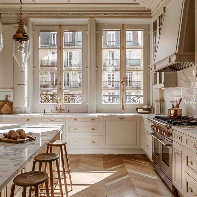 Sunlit Parisian kitchen with marble countertops, brass hardware, floor-to-ceiling windows, and professional-grade appliances