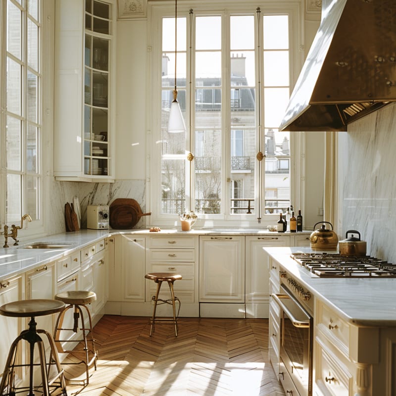 Sunlit Parisian kitchen with marble countertops, brass hardware, professional range, and floor-to-ceiling windows overlooking classic architecture