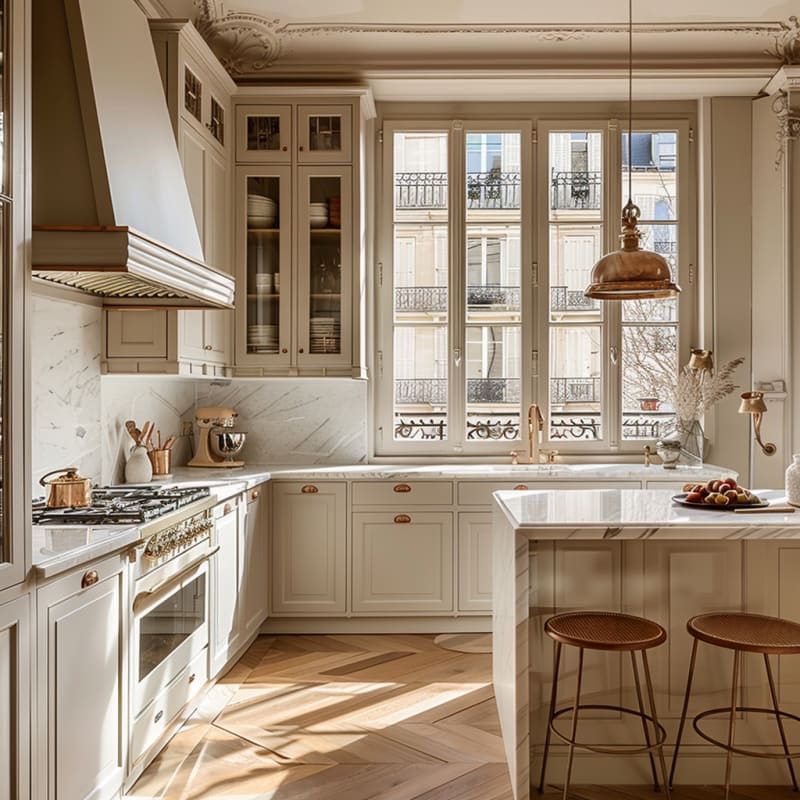 Sunlit Parisian kitchen with marble countertops, brass hardware, vintage range, and floor-to-ceiling windows overlooking classic balconies