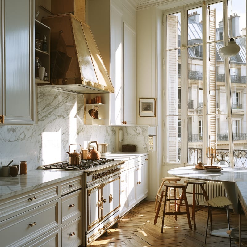 Sunlit Parisian kitchen with marble countertops, brass La Cornue range, and floor-to-ceiling windows overlooking classic architecture