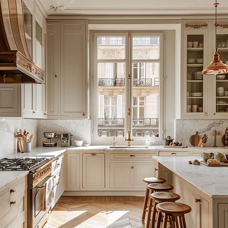 Sunlit Parisian kitchen with marble countertops, cream cabinetry, copper accents, and herringbone floors overlooking classic balconies