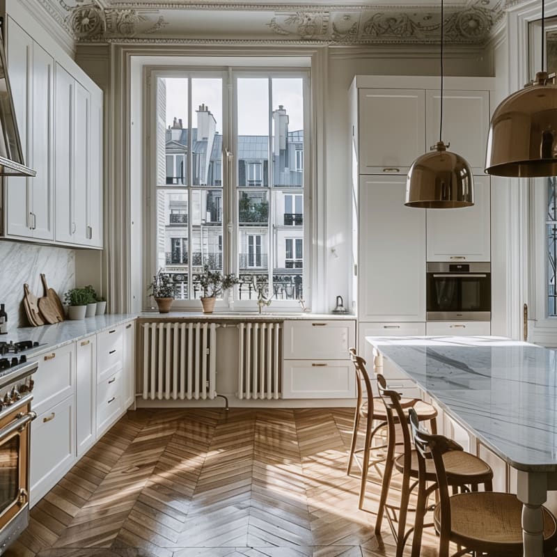 Sunlit Parisian kitchen with marble countertops, herringbone floors, brass hardware, and classic window views of rooftops