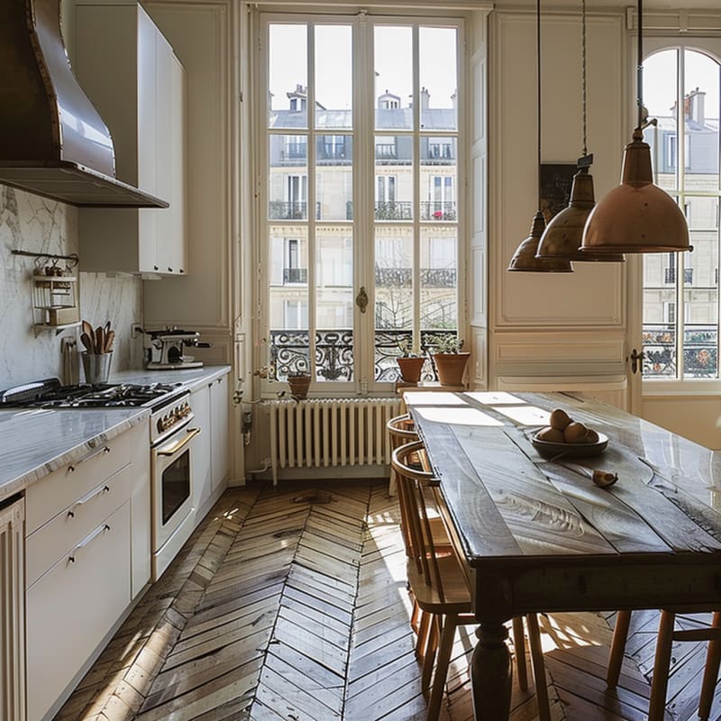 Sunlit Parisian kitchen with marble countertops, industrial pendants, herringbone floors, and floor-to-ceiling windows overlooking classic architecture