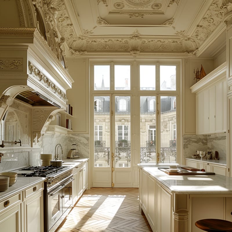 Sunlit Parisian kitchen with ornate ceiling, marble countertops, floor-to-ceiling windows, and herringbone floors