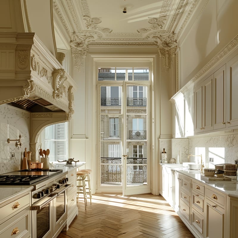Sunlit Parisian kitchen with ornate ceiling medallions, marble countertops, brass hardware, and floor-to-ceiling French doors