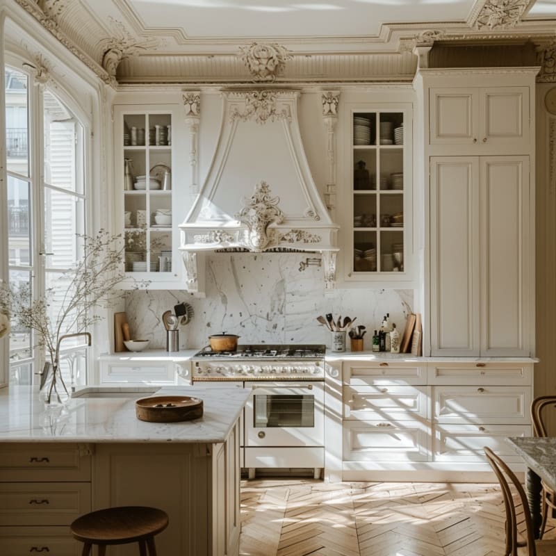 Sunlit Parisian kitchen with ornate marble hood, built-in cabinetry, herringbone floors, and classic white appliances