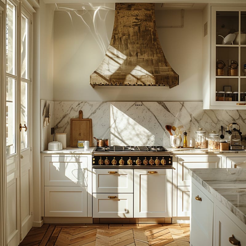 Sunlit Parisian kitchen with vintage range, marble backsplash, brass hardware, and custom patinated hood in warm tones