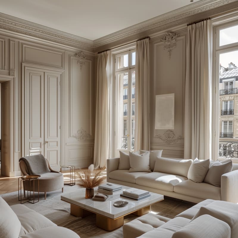Sunlit Parisian living room with cream modern sofas, marble coffee table, and classical wall panels in neutral palette