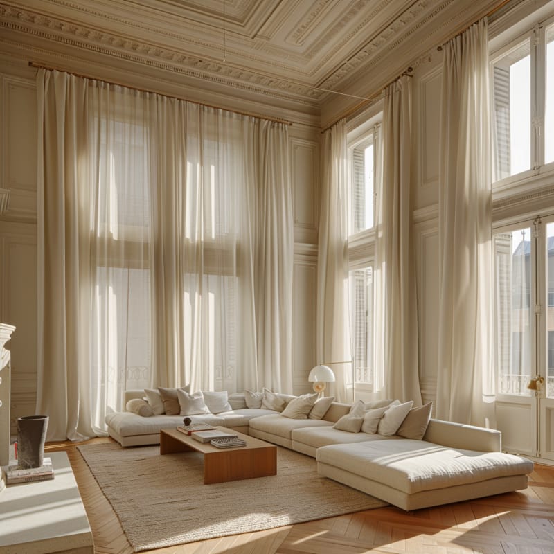 Sunlit Parisian living room with floor-to-ceiling sheer curtains, oversized modular sofa, and ornate ceiling details in all white