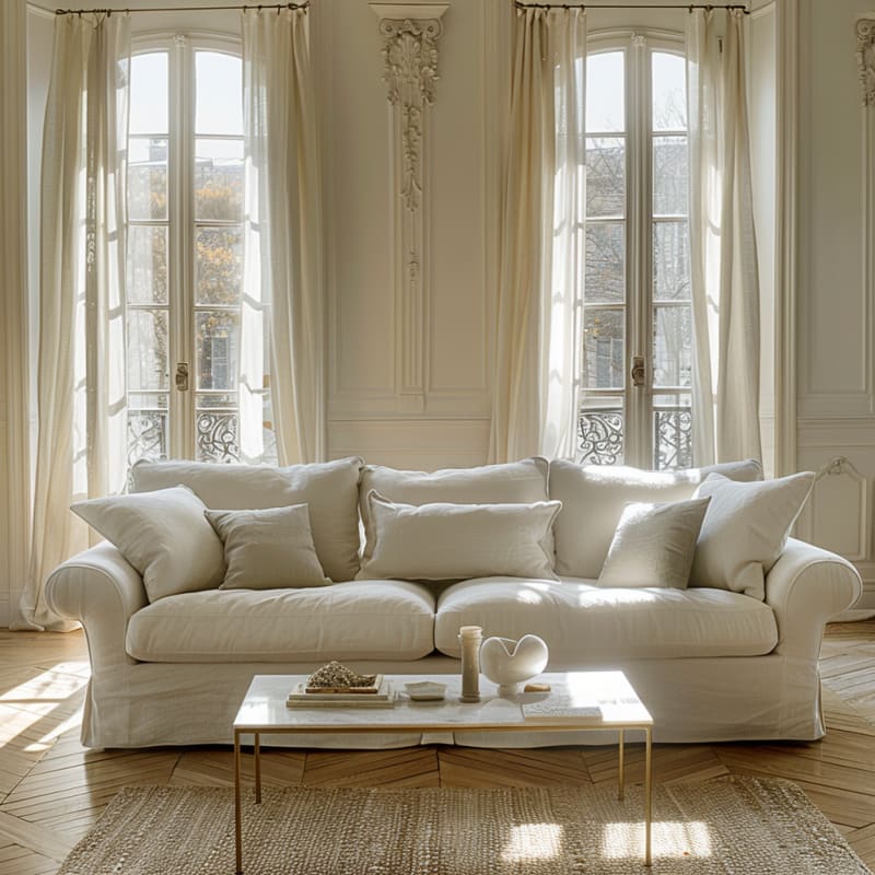 Sunlit Parisian living room with oversized white linen sofa, French windows, and herringbone floors bathed in natural light