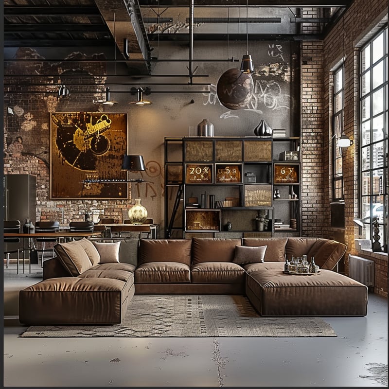 Urban industrial loft living room featuring exposed brick walls oversized leather sectional sofa vintage metal shelving industrial lighting and large windows