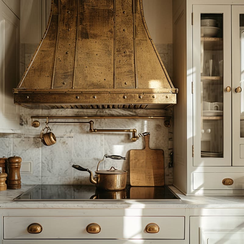 Vintage brass range hood with marble backsplash and pot filler in classic French kitchen with morning light