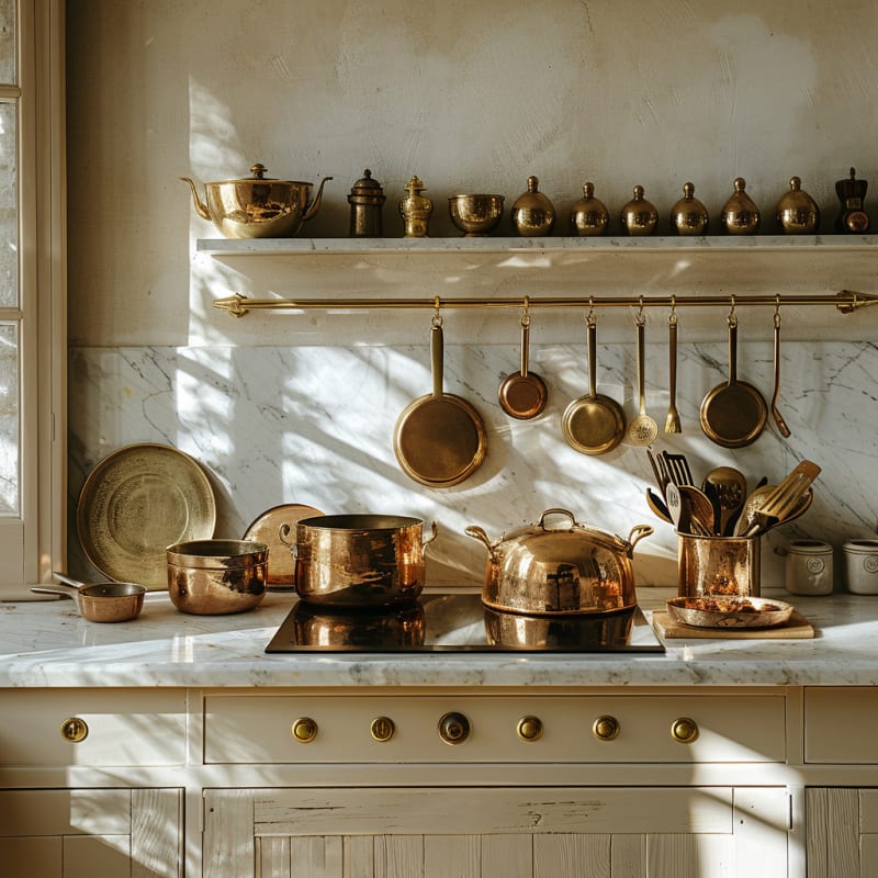 Vintage French kitchen with copper cookware collection, marble countertop, and morning light casting shadows