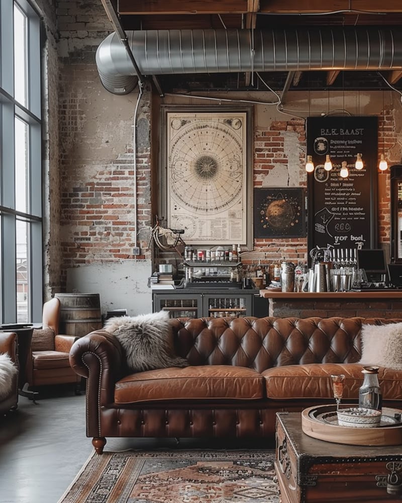 Vintage industrial cafe lounge featuring leather chesterfield sofa exposed brick walls astronomical art Persian rug barrel decor and coffee bar