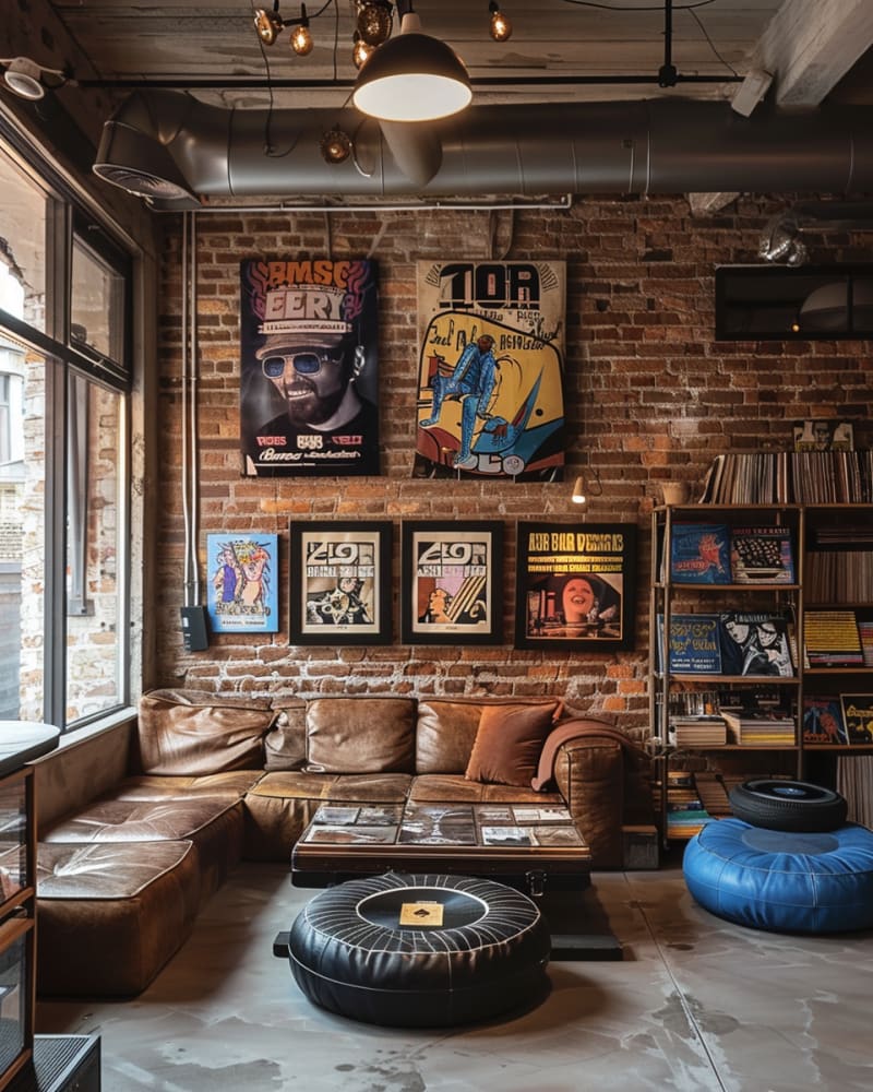 Vintage record store lounge featuring exposed brick walls leather sectional sofa vinyl collection concert posters industrial lighting and creative seating