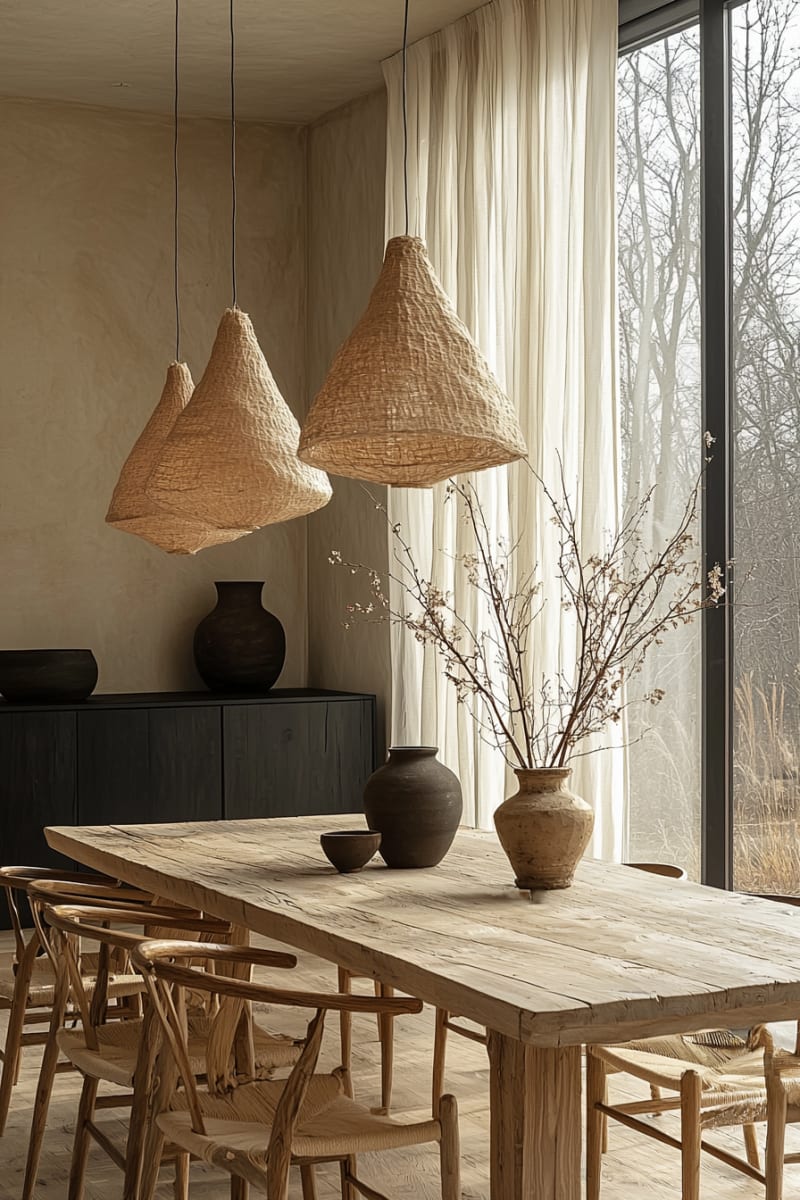 Minimalist Japanese dining room with woven pendant lights, wooden dining table, winter branch decor, and large glass window