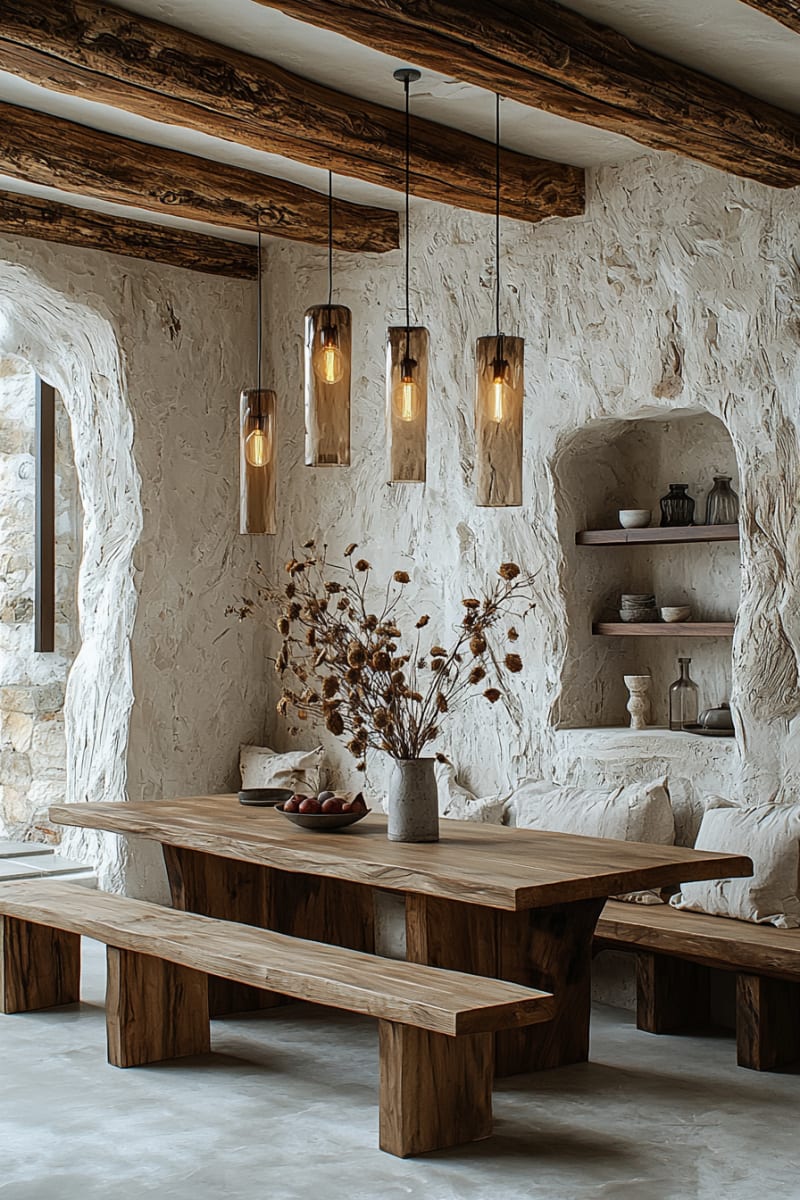 Minimalist Japanese dining room with textured white walls, wooden beam ceiling, and live-edge wooden dining table with hanging glass pendant lights