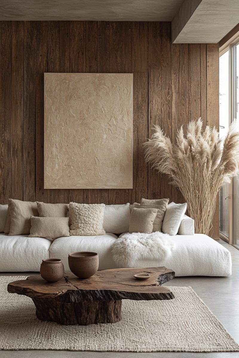 Minimalist Japandi living room with wooden walls, textured art, pampas grass, and organic coffee table
