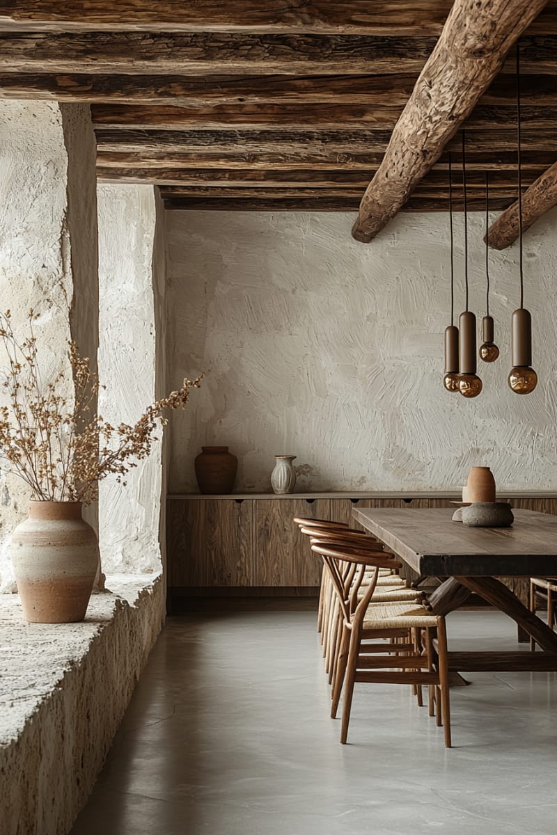 Minimalist Japanese dining room with textured white walls, wooden ceiling beams, and organic ceramic vases