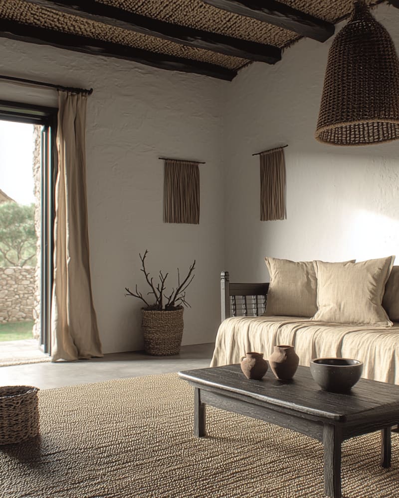 Minimalist living room with neutral tones, woven textures, and natural light