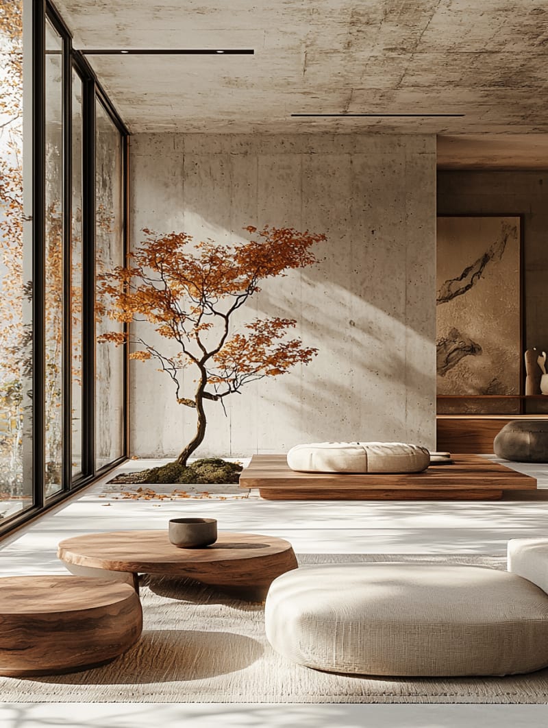 Minimalist Japanese meditation room with indoor maple tree, concrete walls, and wooden floor cushions