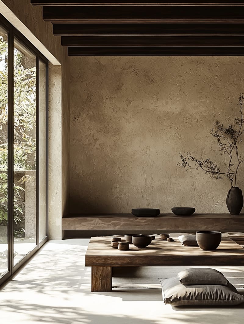 Minimalist Japanese tea room with wooden low table, ceramic bowls, and textured plaster walls with garden view