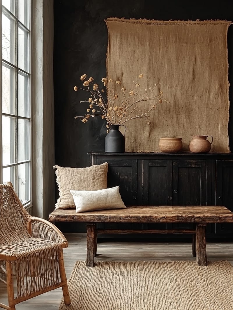Minimalist Japandi interior with linen textile wall hanging, ceramic vessels, and dried botanicals