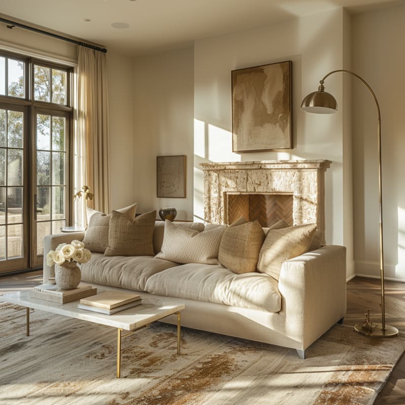 Warm minimalist living room with limestone fireplace, oversized linen sofa, and golden hour sunlight through French windows