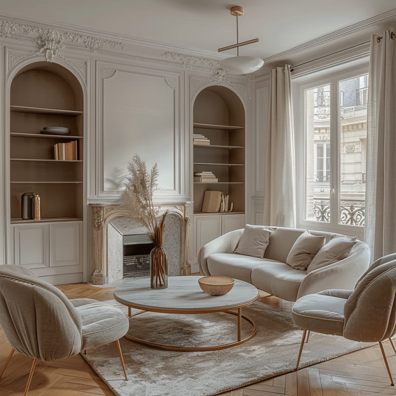 Warm neutral Parisian living room with built-in arched bookshelves, marble fireplace, curved furniture, and pampas grass decor