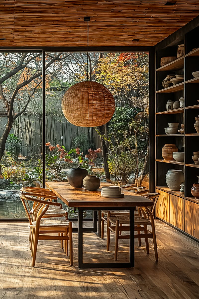 Japanese minimalist dining room with woven rattan pendant light, wooden table, and autumn garden landscape through floor-to-ceiling windows