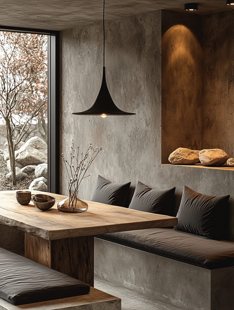 Minimalist Japanese dining nook with live-edge wooden table, gray cushions, concrete walls, and winter tree view