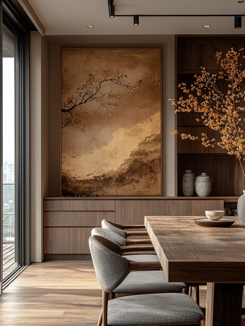 Japanese minimalist dining room with large cherry blossom artwork, wooden furniture, and soft natural lighting