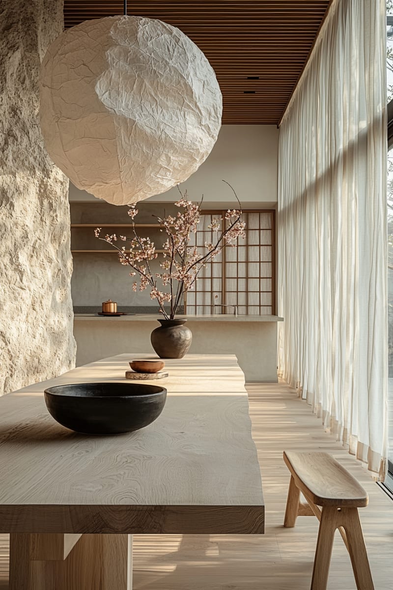 Minimalist Japanese dining room with cherry blossom branches, paper lantern, and wooden furniture featuring textured stone wall